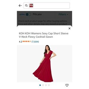 KOH KOH Womens Sexy Cap Short Sleeve V-Neck Flowy‎ Cocktail Gown Red